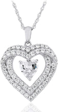 .925 Sterling Silver Heart Cut and Round Cubic Zirconia Heart Inside Double Row Halo Frame with Delicate Rope Chain Necklace - 18”