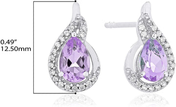 .925 Sterling Silver Pear-Shaped Birthstone & Lab Grown White Sapphire or CZ Teardrop Stud Earrings - Choice of Gem Color/Month