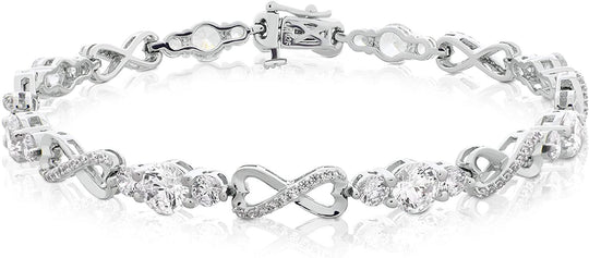 .925 Sterling Silver Round Shape Cubic Zirconia Three Stone Heart Infinity Symbol Link Tennis Bracelet - Size 7.25"