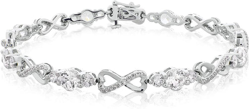 .925 Sterling Silver Round Shape Cubic Zirconia Three Stone Heart Infinity Symbol Link Tennis Bracelet - Size 7.25