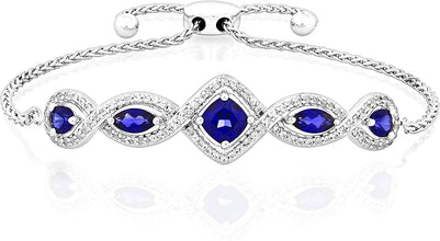.925 Sterling Silver, 2.0 Cttw Cushion, Marquise & Pear Cut Lab Grown Blue Sapphire & Lab Grown White Sapphire Halo Twist Bolo Bracelet - 6” - 9-3/4”