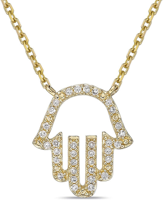 10K Yellow Gold 1/10 Cttw Diamond Hamsa Symbol Hand of Fatima Pendant Necklace with Cable Chain - 20” (H-I Color, I1-I2 Clarity)