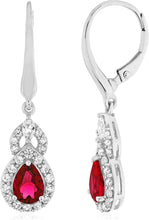 Sterling Silver Teardrop Birthstone & Lab Grown White Sapphire or CZ Art Deco Drop Hinged Latch Back Dangle Earrings - Choice of Gem Color/Month