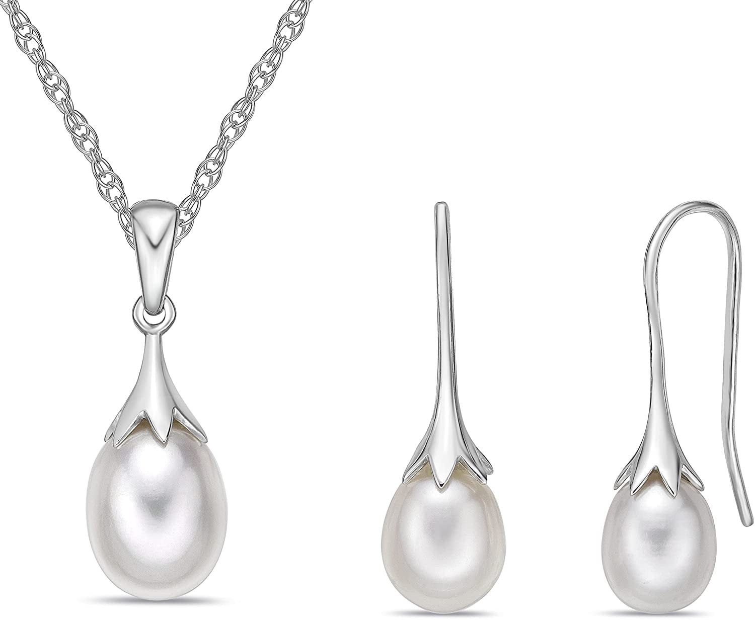 .925 Sterling Silver Freshwater Cultured Pearl Elegant Drop Pendant Necklace on 18" Rope Chain & Freshwater Cultured Pearl Drop Earrings