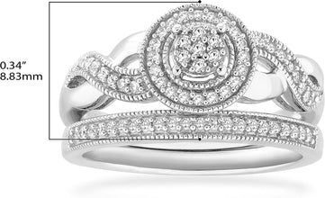 .925 Sterling Silver 1/4 Cttw Diamond Cluster Halo Milgrain Eternity Twist Engagement Ring & Wedding Band Bridal Set (H-I Color, I1-I2 Clarity)