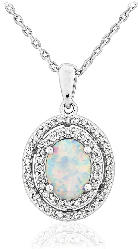 .925 Sterling Silver, Oval Lab-Grown White Opal Cabochon & 1/4 Cttw Diamond Double Halo Dangling Pendant Necklace (I Color, I2 Clarity) - 18”