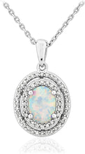.925 Sterling Silver, Oval Lab-Grown White Opal Cabochon & 1/4 Cttw Diamond Double Halo Dangling Pendant Necklace (I Color, I2 Clarity) - 18”