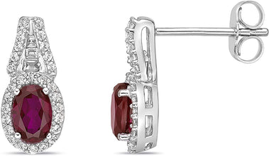 .925 Sterling Silver, Oval Cut Lab-Grown Gemstone & Round + Baguette Cut Lab-Grown White Sapphire Halo Drop Style Stud Earrings - Choice of Gem Color