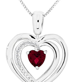 .925 Sterling Silver, Red Heart Cut Lab-Grown Ruby & Lab-Grown White Sapphire 1” Open Heart Reversible Pendant Necklace - 18”