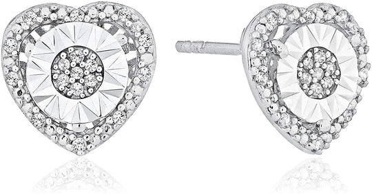 .925 Sterling Silver 1/10 Cttw Diamond Heart Shaped Miracle Set Halo Stud Pierced Earrings (I-J Color, I2-I3 Clarity)