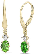 14K Yellow Gold Plated .925 Sterling Silver Oval Cut Birthstone & Created White Sapphire Leverback Dangle Earrings - Choice of Birthstone/Month