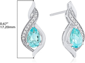 .925 Sterling Silver Pear-Shaped Birthstone & Lab-Grown White Sapphire or CZ Milgrain Twist Stud Drop Earrings - Choice of Gem Color/Month
