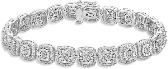 .925 Sterling Silver & 1/10 Cttw Diamond Miracle Set Square Cushion Shaped Halo Link Tennis Bracelet - 7-1/4" (I-J Color, I2-I3 Clarity)