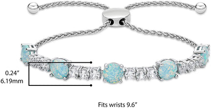 .925 Sterling Silver, Lab Grown Opal & Lab Grown White Sapphire Alternating Stone Wheat Chain Adjustable Bolo Bracelet - 6”-9-3/5” - Choice of Color
