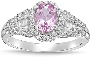 .925 Sterling Silver, Lab-Grown Oval Gemstone & Round + Baguette Cut Lab-Grown White Sapphire Halo Flared Band Engagement Ring - Choice of Gem Color