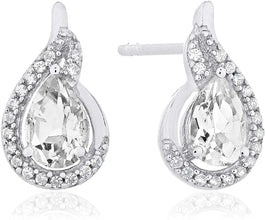 .925 Sterling Silver Pear-Shaped Birthstone & Lab Grown White Sapphire or CZ Teardrop Stud Earrings - Choice of Gem Color/Month