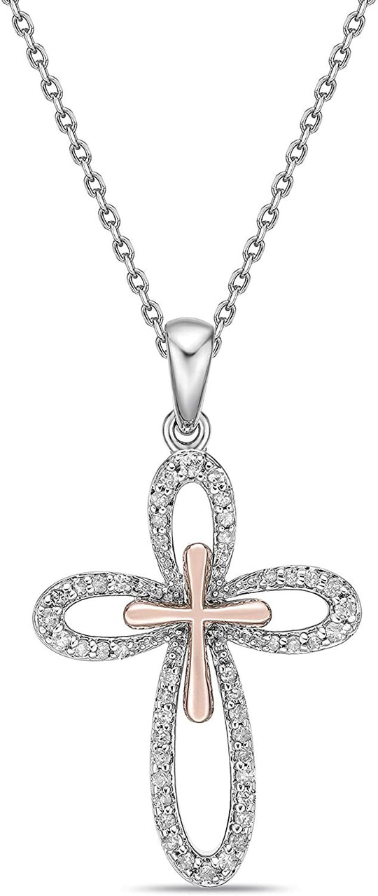 Two Tone 14K Rose Gold Plated .925 Sterling Silver 1/5 Cttw Diamond Flared Rounded Petal Cross Pendant Necklace - 20” (I-J Color, I2-I3 Clarity)