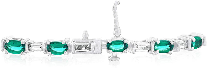 .925 Sterling Silver, Oval Lab-Grown Gemstone & Baguette Cut Lab-Grown White Sapphire Alternating Link Tennis Bracelet - 7-1/4