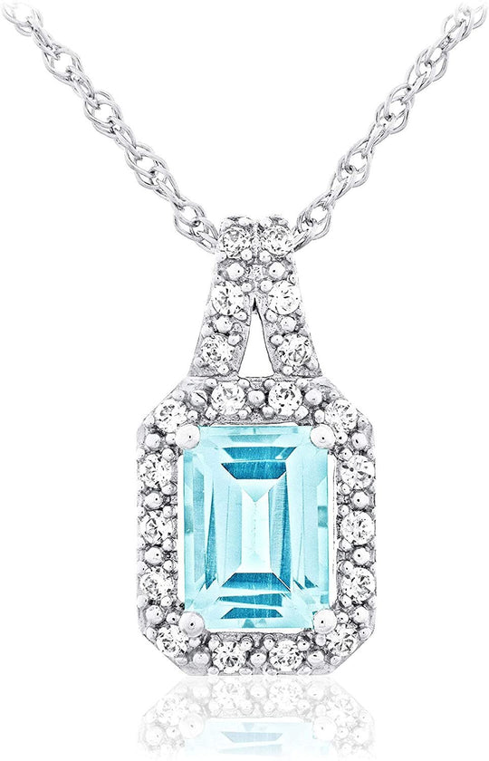 .925 Sterling Silver, Emerald Cut Blue Aquamarine & Cubic Zirconia Halo Split Bail Pendant Necklace with Delicate Rope Chain - 18”