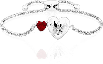 .925 Sterling Silver, Red Heart Cut Lab Grown Ruby & Lab Grown White Sapphire Dual Heart Crown Toi et Moi Adjustable Bolo Bracelet - 6”-9-3/4”