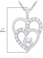 .925 Sterling Silver White Cubic Zirconia Silhouetted Mother & Child inside Double Hearts Dangling Pendant Necklace with 20