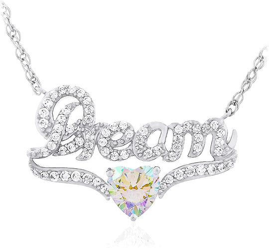 .925 Sterling Silver, Heart Cut Rainbow Aurora Borealis Cubic Zirconia & White Cubic Zirconia Cursive Dream 18" Rope Chain Necklace