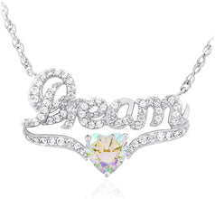 .925 Sterling Silver, Heart Cut Rainbow Aurora Borealis Cubic Zirconia & White Cubic Zirconia Cursive Dream 18