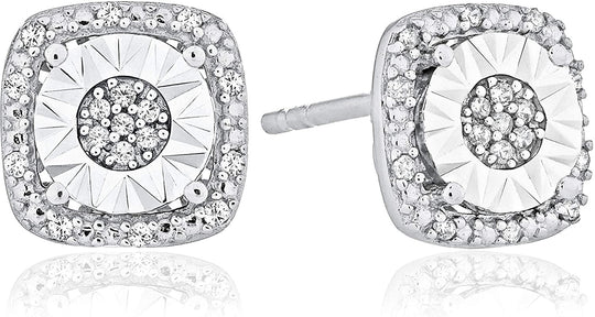 .925 Sterling Silver 1/10 Cttw Diamond Square Cushion Shaped Miracle Set Halo Pushback Stud Pierced Earrings (I-J Color, I2-I3 Clarity)