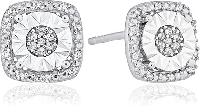 .925 Sterling Silver 1/10 Cttw Diamond Square Cushion Shaped Miracle Set Halo Pushback Stud Pierced Earrings (I-J Color, I2-I3 Clarity)