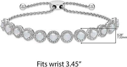 .925 Sterling Silver, Lab Grown Opal Cabochon & Lab Grown White Sapphire Round Halo Links Adjustable Bolo Bracelet - 6”-9-1/2” - Choice of Opal Color