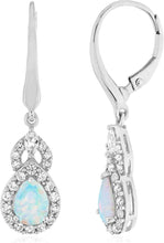 Sterling Silver Teardrop Birthstone & Lab Grown White Sapphire or CZ Art Deco Drop Hinged Latch Back Dangle Earrings - Choice of Gem Color/Month