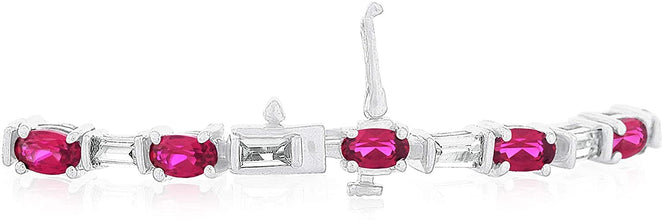 .925 Sterling Silver, Oval Lab-Grown Gemstone & Baguette Cut Lab-Grown White Sapphire Alternating Link Tennis Bracelet - 7-1/4