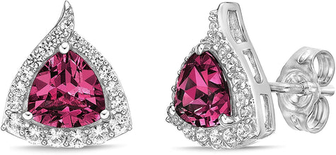 .925 Sterling Silver Trillion Cut Birthstone & Created White Sapphire Halo Stud Earrings - Choice of Birthstone/Month