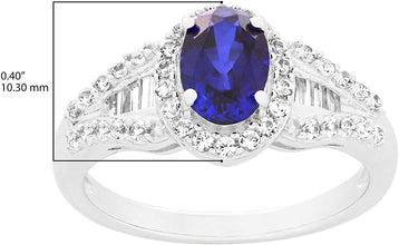 .925 Sterling Silver, Lab-Grown Oval Gemstone & Round + Baguette Cut Lab-Grown White Sapphire Halo Flared Band Engagement Ring - Choice of Gem Color