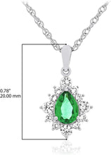 .925 Sterling Silver, Pear Cut Lab-Grown Emerald & Round Lab-Grown White Sapphire Halo Teardrop 18” Pendant Necklace
