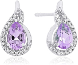 .925 Sterling Silver Pear-Shaped Birthstone & Lab Grown White Sapphire or CZ Teardrop Stud Earrings - Choice of Gem Color/Month