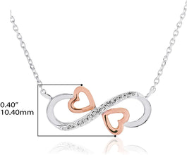 14K Rose Gold Plated .925 Sterling Silver 1/10 Cttw Round Diamond Infinity Double Heart Necklace on 18