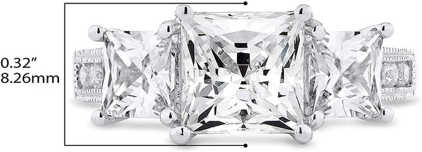 .925 Sterling Silver & Princess Cut Cubic Zirconia Three Stone Filigree Heart Anniversary or Engagement Ring