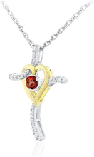 Two Tone 14K Yellow Gold Plated .925 Sterling Silver, Dangling Gemstone & Lab Grown White Sapphire Heart Cross Pendant Necklace 20” - Choice of Color
