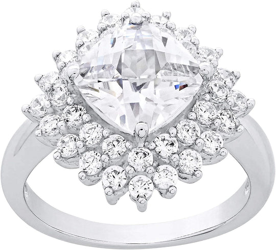 .925 Sterling Silver & Square Cushion Shaped Checkerboard Cut White Cubic Zirconia Double Halo Snowflake Statement Ring