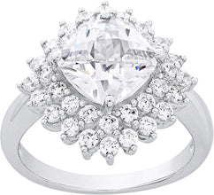 .925 Sterling Silver & Square Cushion Shaped Checkerboard Cut White Cubic Zirconia Double Halo Snowflake Statement Ring