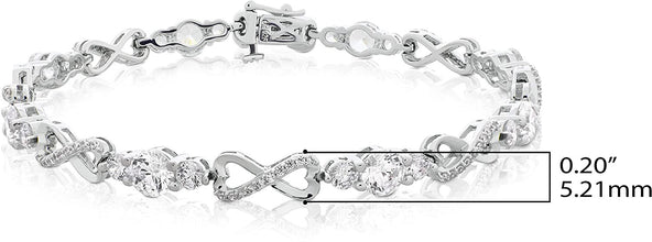 .925 Sterling Silver Round Shape Cubic Zirconia Three Stone Heart Infinity Symbol Link Tennis Bracelet - Size 7.25