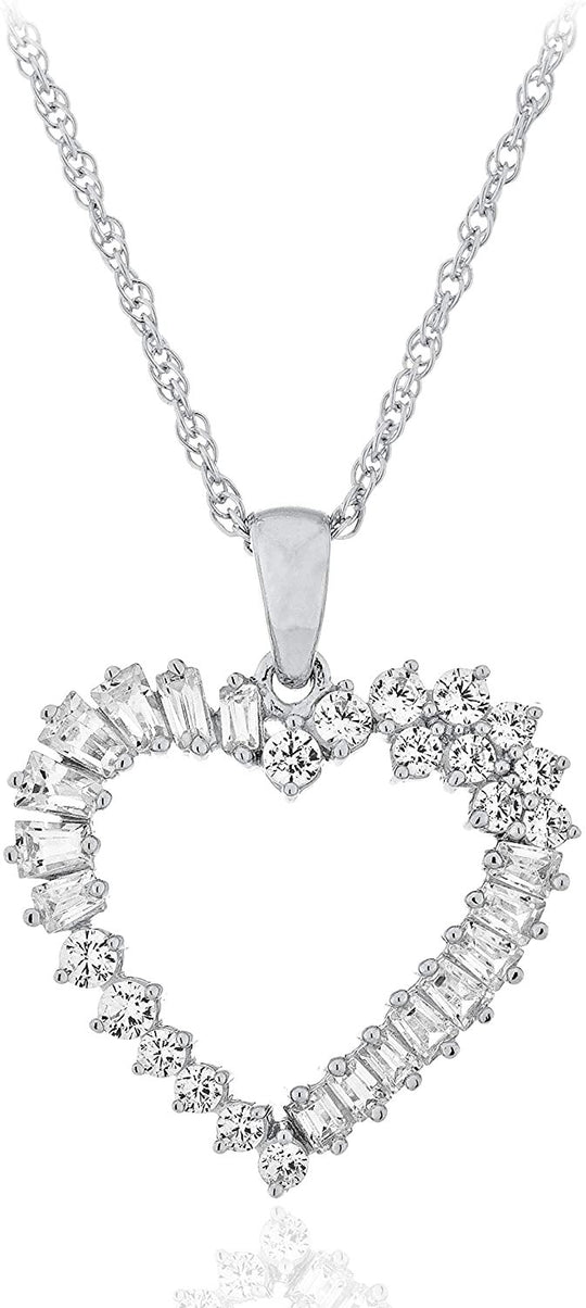 .925 Sterling Silver Round & Baguette Cut Cubic Zirconia Heart Pendant Necklace with 18" Rope Chain