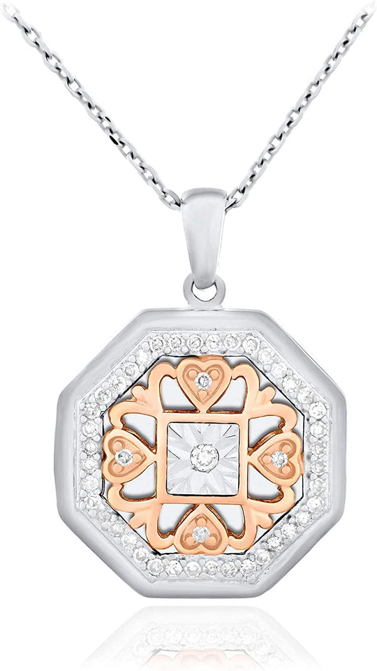 Two Tone 10K Rose Gold Plated .925 Sterling Silver 1/5 Cttw Diamond Miracle Plate Heart Octagon Locket Pendant Necklace - 20” (I-J Color, I2 Clarity)