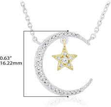 14K Yellow Gold Plated .925 Sterling Silver 1/5 Cttw Diamond Crescent Moon & Star Necklace on 18