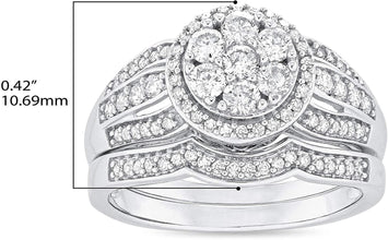 10K White Gold 3/4 Cttw Diamond Cluster Halo 3 Row Split Shank Engagement Ring & Wedding Band Bridal Set (H-I Color, I1-I2 Clarity)