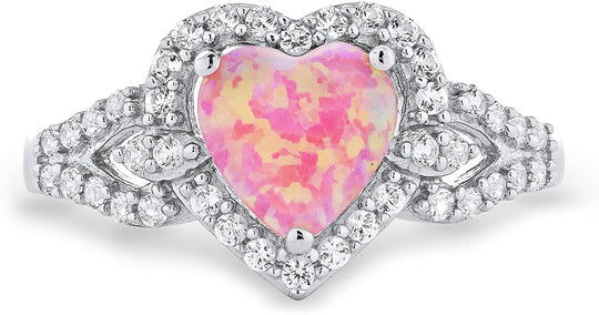 .925 Sterling Silver, Created Pink Opal & Lab Grown White Sapphire Heart Halo Promise Ring