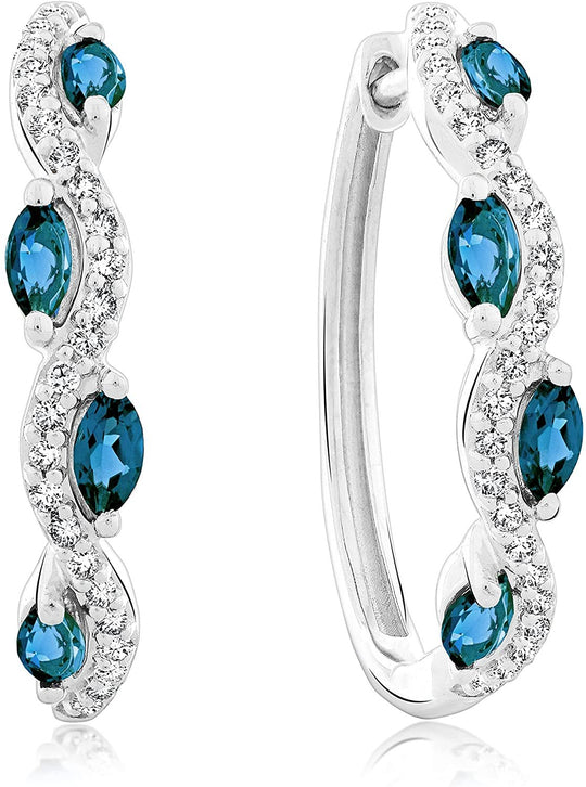 .925 Sterling Silver, Marquise Cut London Blue Topaz & White Topaz 1" Diameter Wavy Vine Hoop Style Huggie Earrings