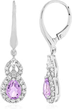 Sterling Silver Teardrop Birthstone & Lab Grown White Sapphire or CZ Art Deco Drop Hinged Latch Back Dangle Earrings - Choice of Gem Color/Month