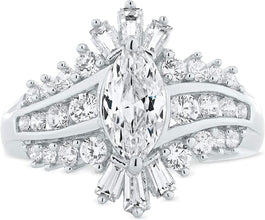 .925 Sterling Silver & Marquise, Round, and Baguette Cut Cubic Zirconia Channel Set Bypass Style Statement Ring or Engagement Ring